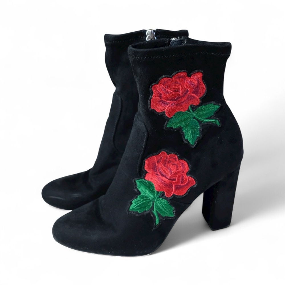 Steve Madden Black Heeled Boots with Red Rose Floral Embroidery